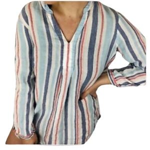 L.L. Bean Blue Striped 100% Linen Tunic, V Neck 3/4 Sleeves XL